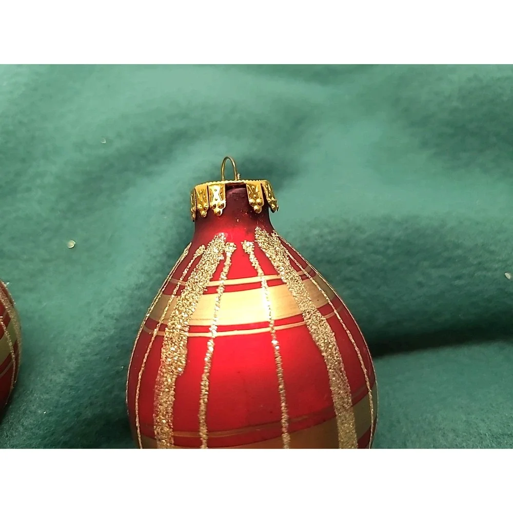 Four Red and Gold Hand‎ Painted Plaid Glass Christmas Ornaments